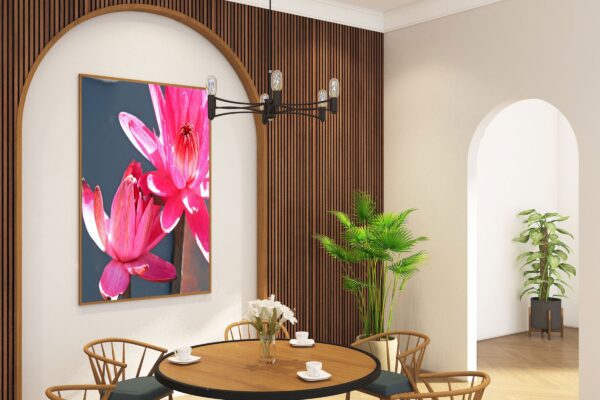 A dining room with wooden walls and a table