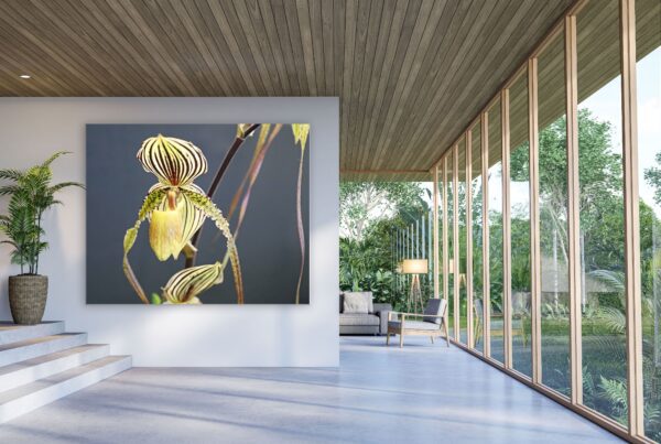 A large painting of a flower in the middle of a room.