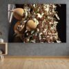 A room with a table and chairs, a wall mounted television and a large picture of apples.